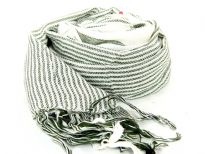 Ivory colored scarf has dark green stripes in different sizes with threads like fringes on the edges. Imported. Hand wash.