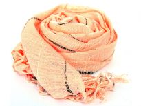 Orange open weave yarn dyed 100% viscose scarf with black stripes running through it. Sheer scarf has knotted fringes on its edges. Imported.