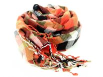 100% viscose yarn dyed scarf with multi colored checkered print in shades of orange, black & ivory. Imported.