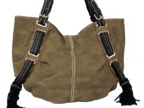Laux Leather Double Handle Bag. Top zipper closing. Back zipper pocket.