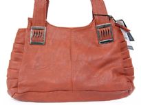 Faux leather Fashion Handbag. Top zipper closing. Back outside zipper pocket.