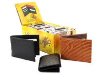 Assorted wallets with crocodile, lizard, ostrich embossed exterior. This is a dozen pack mixed bi-fold, tri-fold, black, brown, tan, etc. 
The box containing the dozen wallets converts into a counter display.
The exterior is 100% genuine leather, the interior is man-made leather.