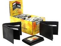 Assorted soft bi-fold and tri-fold lambskin wallets. The box containing dozen wallets converts into a counter display.