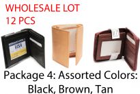 Wholesale lot of 12 genuine leather Mens Wallets. 
Package 1: Black (bifold, trifold) wallets.
Package 2: Brown (bifold, trifold) wallets.
Package 3: Tan (bifold, trifold) wallets.
Package 4: Assorted Colors (Black, Brown, Tan) - bifold, trifold wallets.