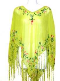 100% Rayon Material Poncho Top with Painted flowers around its neckline and borders and also shiny long hanging thread fringes along its border. Imported.