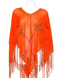100% rayon material broad v-neck poncho top in orange color with painted palm trees. Long satin threads like hanging fringes on its border. Imported.