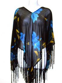 Blue floral print 100% rayon material poncho top in black color. Hanging long fringes in satin threads on the edges. Imported. 