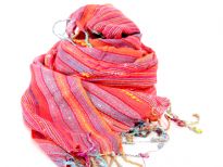 Dark coral with orange & red hues viscose scarf with twisted fringes on the edges. Multi colored woven stripes makes it more vibrant. Yarn dyed 100% viscose material. Hand wash. Imported.