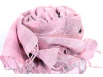 Shimmery pink colored yarn dyed viscose scarf in open weave pattern. Broad striped pattern in same color. Made of 95% viscose and 5% metallic. Imported.