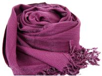 Plum colored shiny viscose scarf in Yarn dyed 95% viscose and 5% metallic material. Shimmery metallic is woven into the scarf & gives an edgy look to it. Imported. Hand wash.