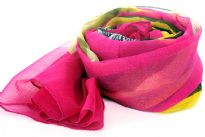 This multi colored printed design scarf has a sunflower along with other flowers. Handwash & Imported from India. 100% Polyester.