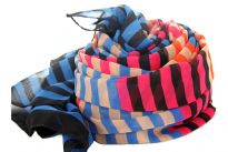 This sheer scarf has horizontal striped design in five colors in a fixed pattern. This dark hued scarf can add life to any kind of outfit day or night. 100% polyester scarf.