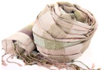 Beautiful gold rose & sage metallic vertical plaids scarf has horizontal gold & silver colored plaids. Broad multi colored border along the width of scarf & also long twisted fringes completes this 100% viscose scarf. Classy scarf can also be teamed up with a formal dress as a shawl. Imported.