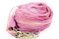 Beautiful pink and multi colored design scarf has horizontal open weave pattern. Long twisted fringes completes this 100% viscose scarf. Classy scarf can also be teamed up with a formal dress as a shawl. Imported. 