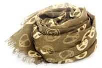 Olive green colored semi-sheer scarf has peace sign print in different designs in a fixed pattern. Eyelash fringe on the ends of this 100% viscose scarf which can add a statement to an outfit. Imported.
