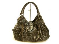 Designer Inspired Shoulder Bag with mettalic animal print pattern has a belt with magnetic closure and a double handle. Made of PU (polyurethane).