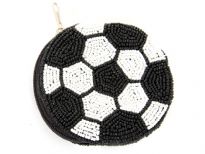 Beaded coin purse in the shape and colors of a soccer ball.  Top zipper closure with wrist strap. Identical beading on both sides. Made of 100% Rayon with sequins and beads. Imported. Since this item is hand-beaded, the color or design may vary slightly.