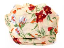 Multi colored floral print over beige colored 100% silk scarf which is square shaped. Made in India. 