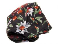 Multi colored floral print over black 100% silk scarf which is square shape. Made in India. 