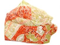 Beautiful print in apple green & red on beige colored 100% silk scarf. Lightweight & very soft to use. Made in India.