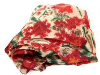 Abstract floral print in red & green over 100% silk square scarf in beige color. Lightweight scarf can be used around the neck or head. Made in India.