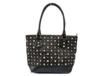 Faux Leather Metal Eyelets studded double handle bag. Top zipper closing, center divider.