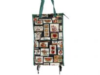 Rolling shopping bag.Top zipper closing.The bag has wheels and double handle. 
