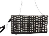 Faux leather folding clutch studded with rhinestones. Top zipper closing. Back zipper pocket. wrist strap and metal shoulder chain included.
