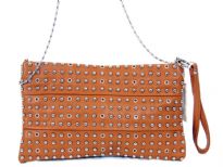 Faux leather rhinestones studded clutch bag. top zipper closing. Back outside zipper pocket. Wrist strap and metal shoulder chain included.