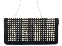 Faux leather folding studded clutch bag. Zipper closing inside the flap & back outside zipper pocket. Wrist strap and metal shoulder chain included.