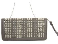 Faux leather folding studded clutch bag. zipper closing. Back outside zipper pocket. Wrist strap and metal shoulder chain included.