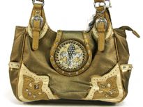 Fleur De Liz Licensed PVC handbag in shining PVC material. patchwork in contrasting colors on the corners, has 2 open side pockets, belt accents on the double handle, zipper closure on top & also a clasp with Fleur De Liz logo in rhinestones. 