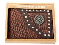 Carry your money in style. This is a genuine leather western style bi-fold men wallets. Comes in a box. As this is genuine leather, please be aware that there will be some small creases and nicks in the leather but the wallet are all brand new. 