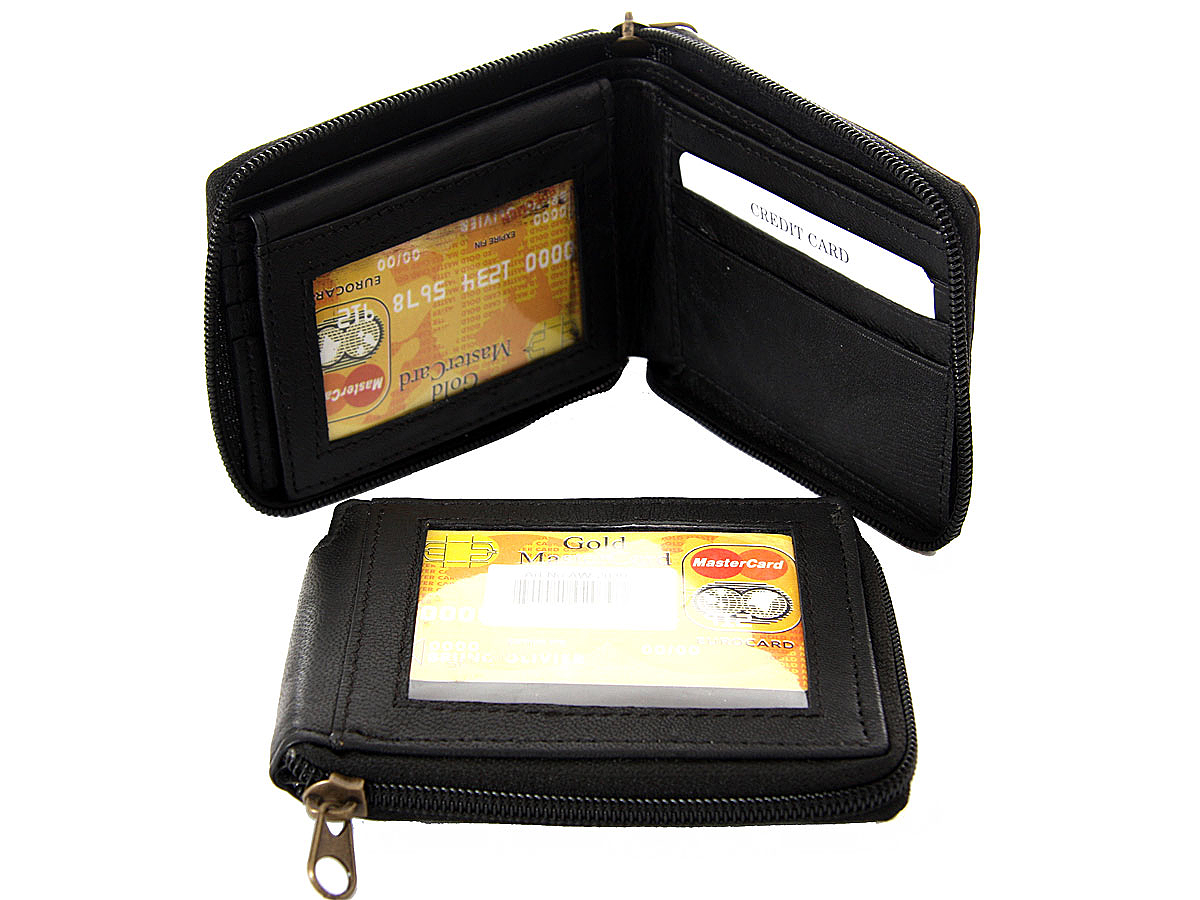 Men&#39;s BiFold Double Bill Zip Around 6 Credit Card 3 ID Window Zippered Wallet in Black 4.5 x 3.5 ...