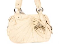 Flower Handbag made of polyurethane material. Has belt buckle like double straps with a top zipper closure and swirl-like design on the side of the purse.Also has side pouches on each side of the purse.