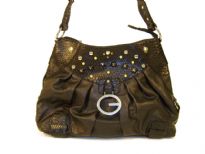 Ostrich embossed PVC handbag embellished with studs and a top zipper closure. Made with one shoulder strap. 