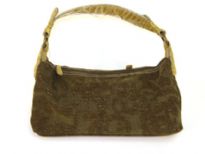 Jacquard fabric handbag nicely embellished with a simple design and one shoulder strap.  Bag includes two top zipper closures.    