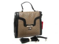 PVC ostrich embossed handbag with metal clasp. Top zipper closing and adjustable shoulder strap.