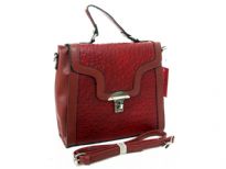 PVC ostrich embossed handbag with metal clasp. Top zipper closing and adjustable shoulder strap.