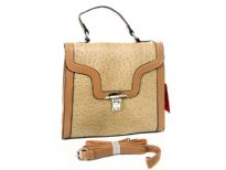 PVC ostrich embossed handbag with metal clasp. Top zipper closing and adjustable shoulder strap.