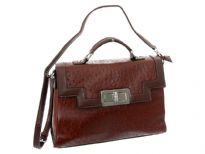 PVC Box shaped Ostrich embossed fashion handbag with twist box. Top zipper closing and back zipper pocket.