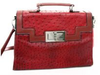 PVC box shaped ostrich embossed fashion handbag with twist lock. Top zipper closing and back zipper pocket.