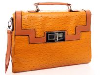 PVC box shaped ostrich embossed fashion handbag with twist lock. Top zipper closing and back zipper pocket.