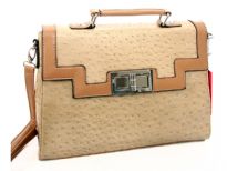 PVC box shaped ostrich embossed fashion handbag with twist lock. Top zipper closing and back zipper pocket.