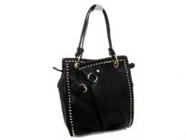 PVC Stud and Rhinestone Double Handle tote. The Bag has top zipper closing and back zipper pocket.