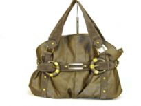 Glossy PVC fashion handbag with straps accent in suede fabric. Double shoulder straps with top zipper closure. 