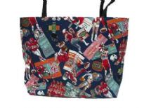 Bucket tote bag has a sports theme artwork pattern and a double handle.