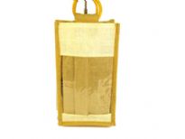 Wine bottle bag has wooden cane handles. Made of jute material.