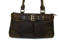 Patterned Jacquard Handbag with Belt like trim. Top zipper closure and double shoulder handle. Imported.