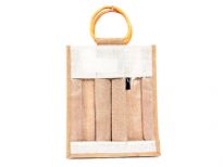 3 Wine Bottle Jute Bag with wooden handle.